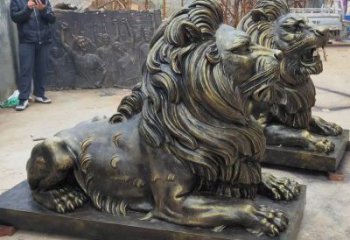 馬尾大型趴獅雕塑，仿銅動物雕塑，玻璃鋼獅子雕塑制作